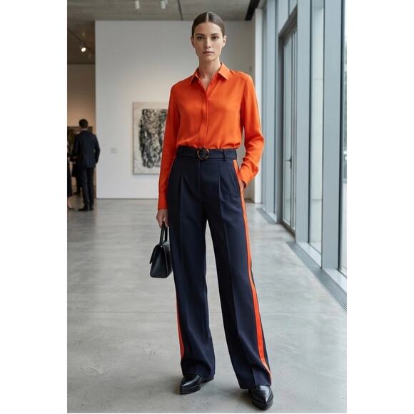 Victoria Victoria Beckham Pants - NWOT Victoria Beckham AW21 Navy Wool Wide Leg Tuxedo Pants Belted Sz 10 (W 35)